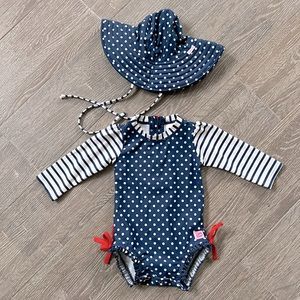 Ruffle Butts One Piece Swimsuit + Hat - Blue and white Size 6-12 months